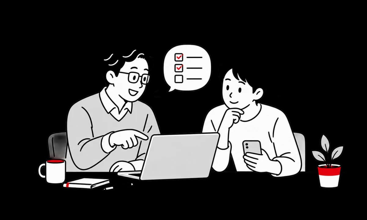 エンジニアがお客様と画面を見ながら確認内容を説明するイラスト